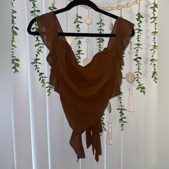 NWT PLT Chocolate Chiffon Frill Bardot Long Top - Picture 2 of 5